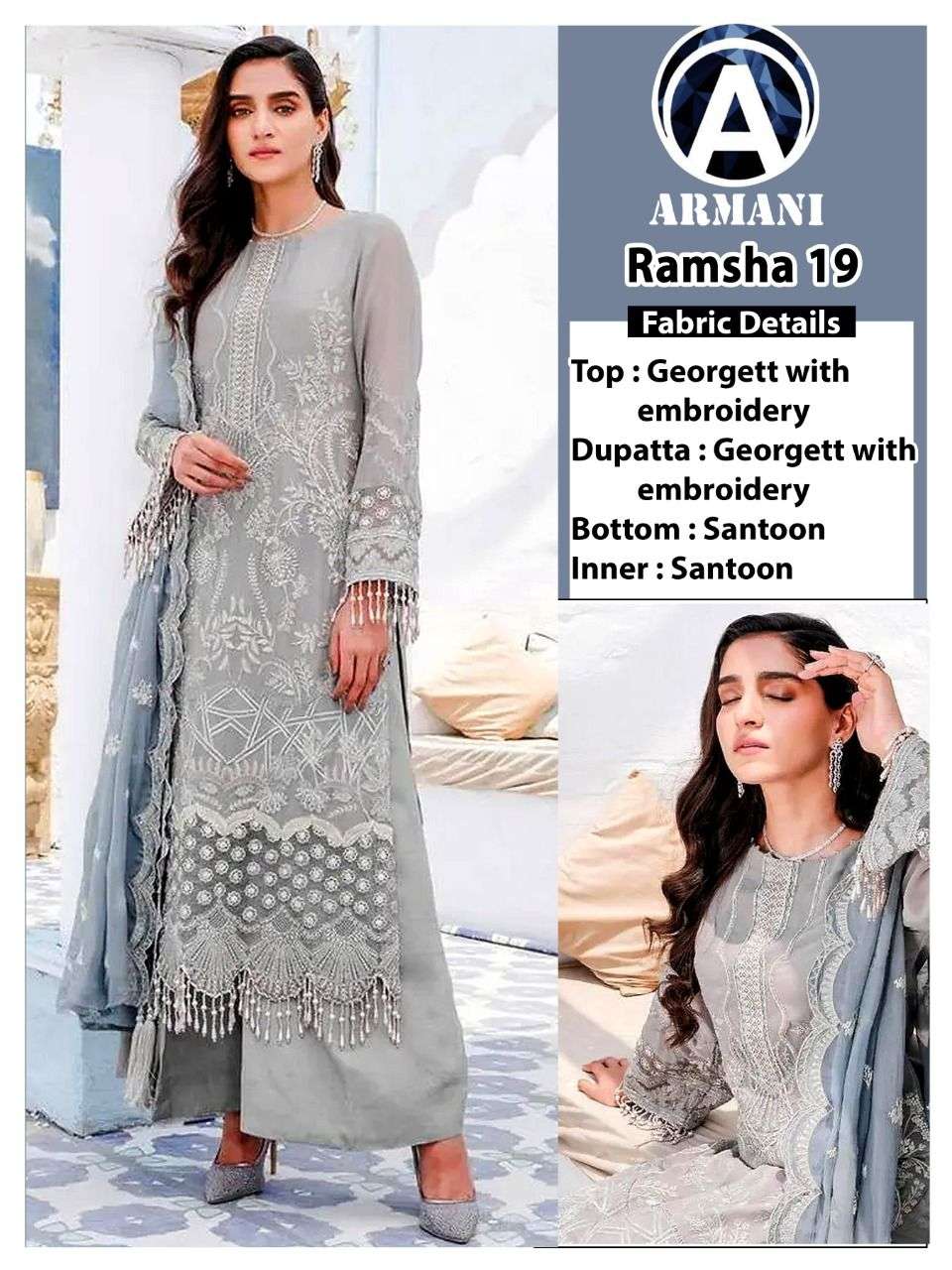 RAMSHA 19 BY ARMANI PAKISTANI SUITS BEAUTIFUL FANCY COLORFUL STYLISH PARTY WEAR & OCCASIONAL WEAR FAUX GEORGETTE WITH EMBROIDERY DRESSES AT WHOLESALE PRICE
