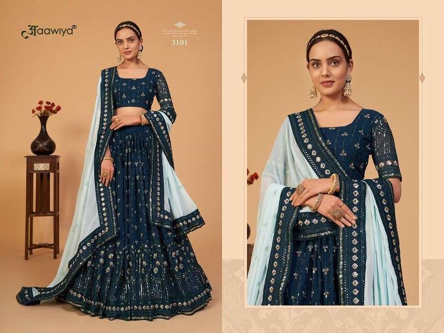 Sanaya Vol-1 By Aawiya 3101 To 3104 Series Indian Traditional Beautiful Stylish Designer Banarasi Silk Jacquard Embroidered Party Wear Georgette Lehengas At Wholesale Price