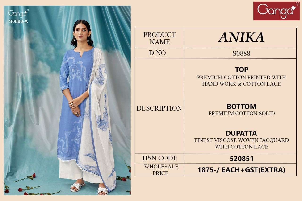ANIKA-888 BY GANGA FASHION 888-A TO 888-B SERIES BEAUTIFUL SUITS COLORFUL STYLISH FANCY CASUAL WEAR & ETHNIC WEAR PREMIUM COTTON EMBROIDERED DRESSES AT WHOLESALE PRICE