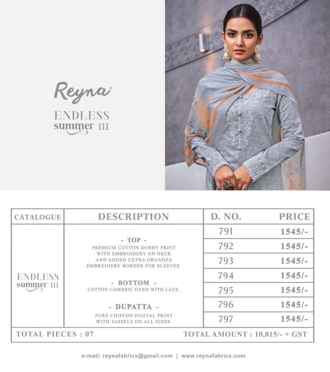 ENDLESS SUMMER VOL-3 BY REYNA 791 TO 797 SERIES BEAUTIFUL SUITS COLORFUL STYLISH FANCY CASUAL WEAR & ETHNIC WEAR PREMIUM COTTON PRINT DRESSES AT WHOLESALE PRICE