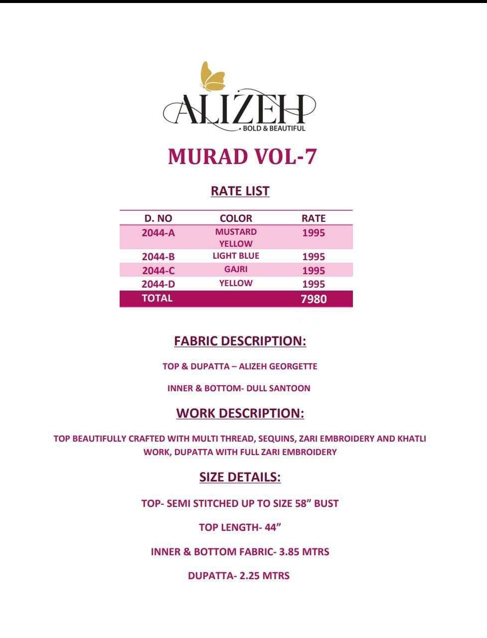 MURAD VOL-7 BY ALIZEH 2044-A TO 2044-D SERIES BEAUTIFUL SUITS COLORFUL STYLISH FANCY CASUAL WEAR & ETHNIC WEAR PURE GEORGETTE EMBROIDERED DRESSES AT WHOLESALE PRICE
