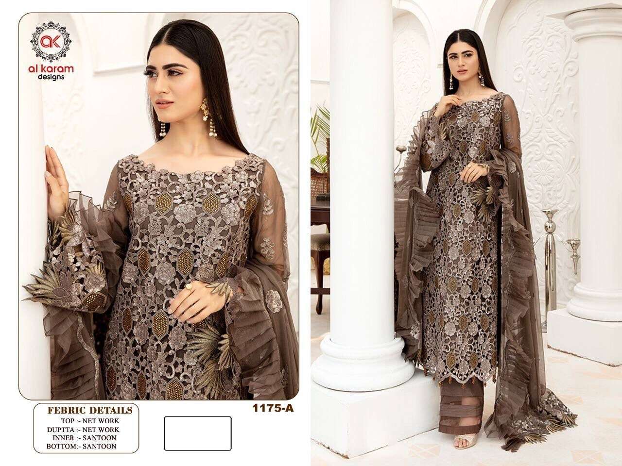 AL KARAM 1175 COLOURS BY AL KARAM DESIGNS DESIGNER PAKISTANI SUITS BEAUTIFUL STYLISH FANCY COLORFUL PARTY WEAR & OCCASIONAL WEAR HEAVY BUTTERFLY NET EMBROIDERED DRESSES AT WHOLESALE PRICE
