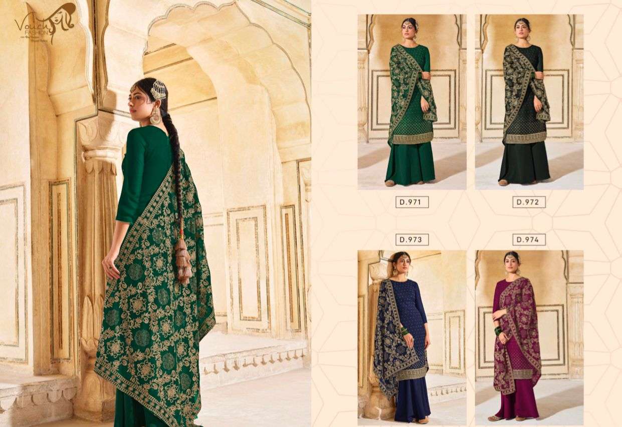 NAARI VOL-8 BY VOUCHE 971 TO 974 SERIES DESIGNER SHARARA SUITS COLLECTION BEAUTIFUL STYLISH COLORFUL FANCY PARTY WEAR & OCCASIONAL WEAR GEORGETTE DRESSES AT WHOLESALE PRICE