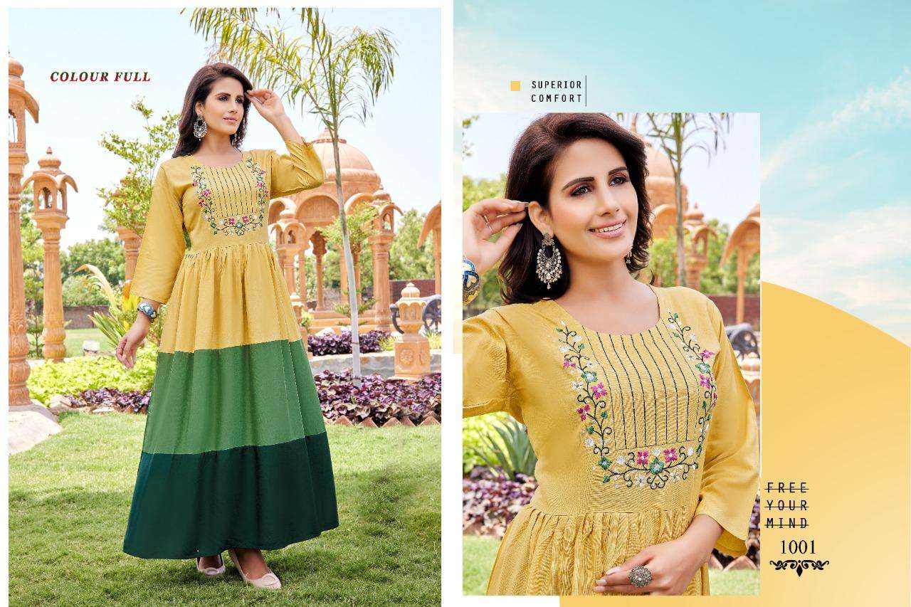 COLOUR FULL BY AKHAND JYOT 1001 TO 1008 SERIES BEAUTIFUL STYLISH FANCY COLORFUL CASUAL WEAR & ETHNIC WEAR RAYON EMBROIDERED GOWNS AT WHOLESALE PRICE