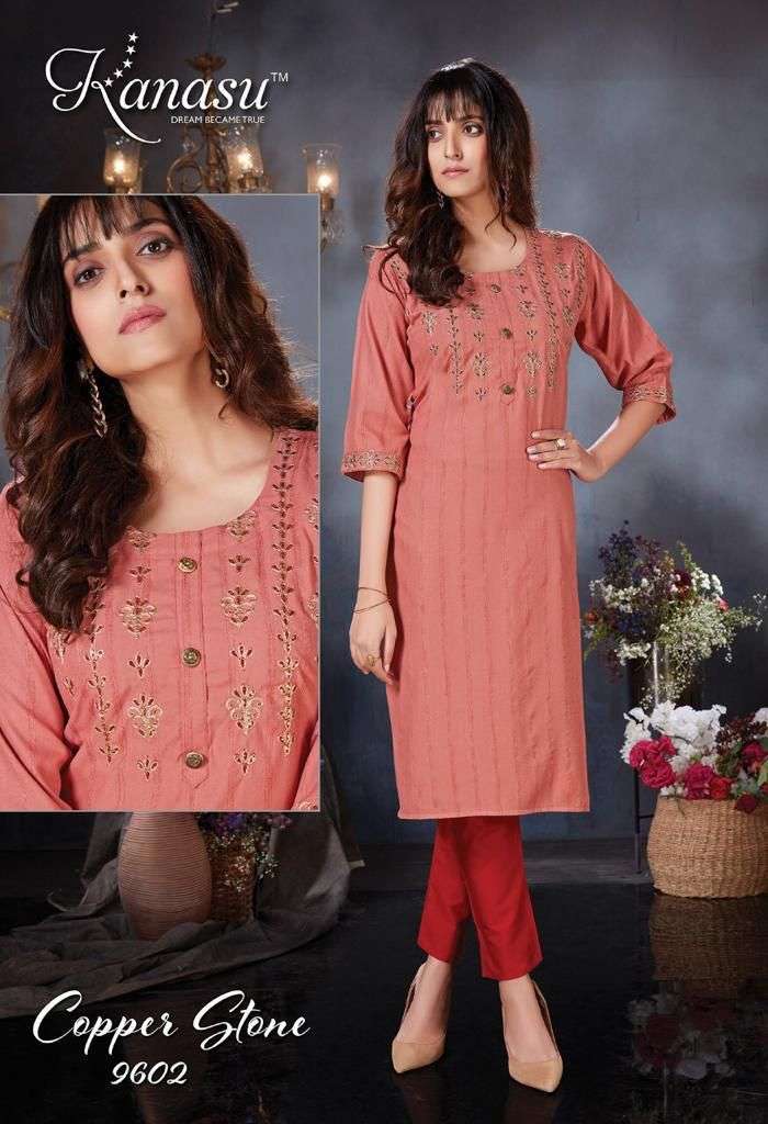 COPPER STONE BY KANASU 9601 TO 9608 SERIES DESIGNER STYLISH FANCY COLORFUL BEAUTIFUL PARTY WEAR & ETHNIC WEAR COLLECTION VISCOSE RAYON EMBROIDERED KURTIS WITH BOTTOM AT WHOLESALE PRICE