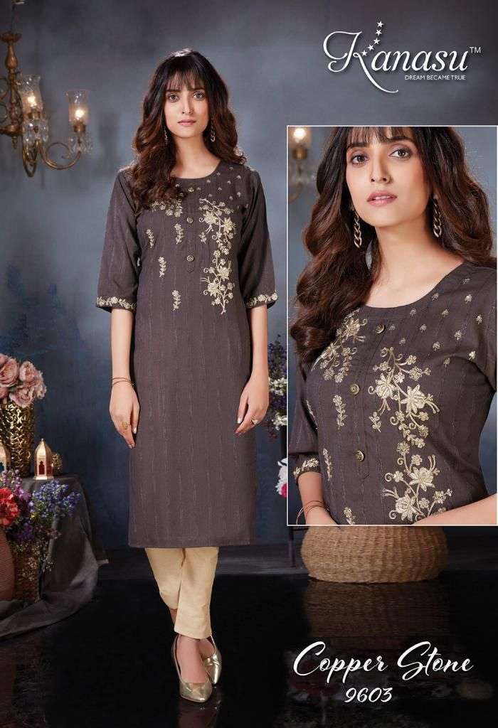 COPPER STONE BY KANASU 9601 TO 9608 SERIES DESIGNER STYLISH FANCY COLORFUL BEAUTIFUL PARTY WEAR & ETHNIC WEAR COLLECTION VISCOSE RAYON EMBROIDERED KURTIS WITH BOTTOM AT WHOLESALE PRICE