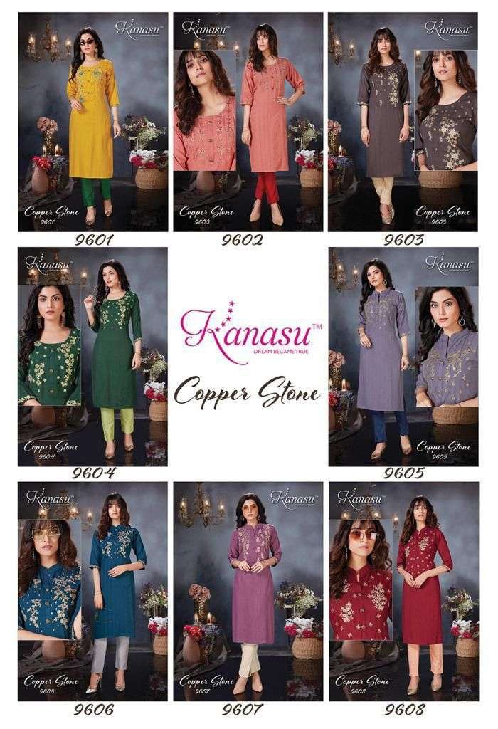 COPPER STONE BY KANASU 9601 TO 9608 SERIES DESIGNER STYLISH FANCY COLORFUL BEAUTIFUL PARTY WEAR & ETHNIC WEAR COLLECTION VISCOSE RAYON EMBROIDERED KURTIS WITH BOTTOM AT WHOLESALE PRICE