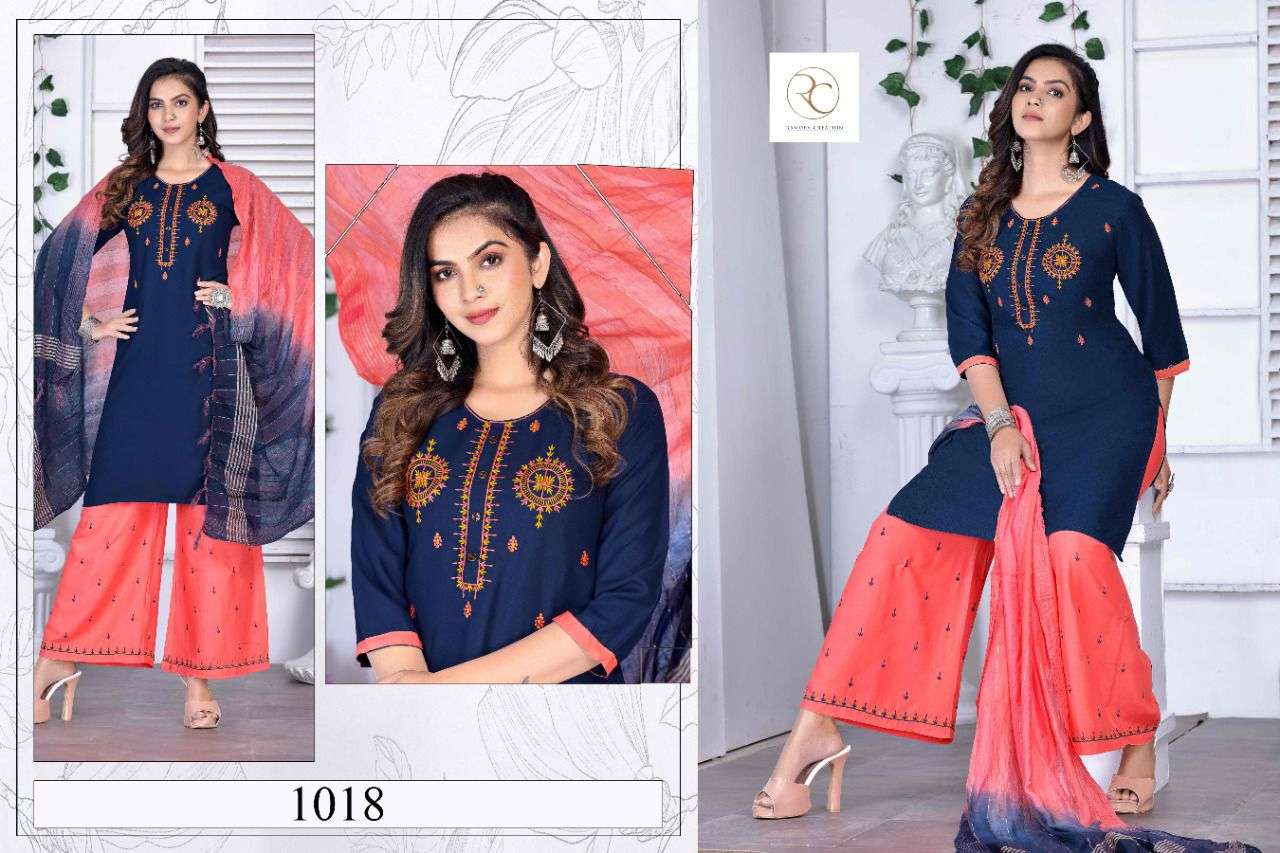 KESARIYA VOL-1 BY RAMDEV CREATION 1011 TO 1018 SERIES BEAUTIFUL SUITS COLORFUL STYLISH FANCY CASUAL WEAR & ETHNIC WEAR RAYON EMBROIDERED DRESSES AT WHOLESALE PRICE
