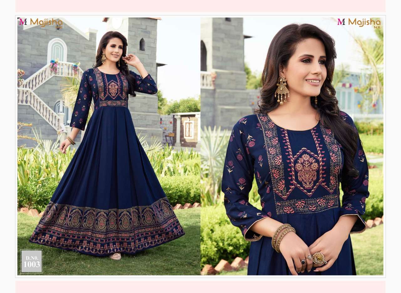 AVANTI VOL-1 BY MAJISHA NX 1001 TO 1009 SERIES BEAUTIFUL STYLISH FANCY COLORFUL CASUAL WEAR & ETHNIC WEAR RAYON SLUB GOWNS AT WHOLESALE PRICE