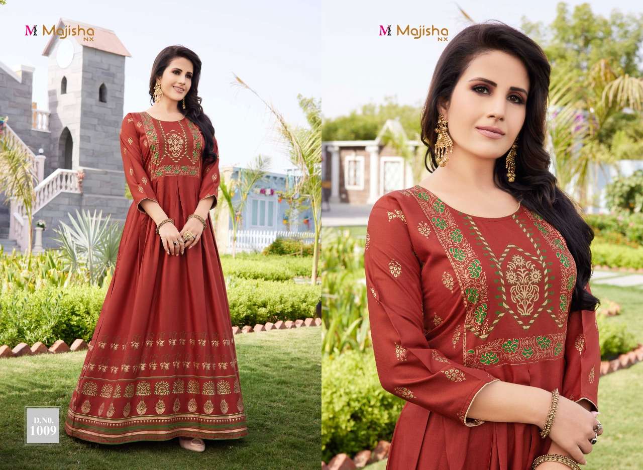 AVANTI VOL-1 BY MAJISHA NX 1001 TO 1009 SERIES BEAUTIFUL STYLISH FANCY COLORFUL CASUAL WEAR & ETHNIC WEAR RAYON SLUB GOWNS AT WHOLESALE PRICE