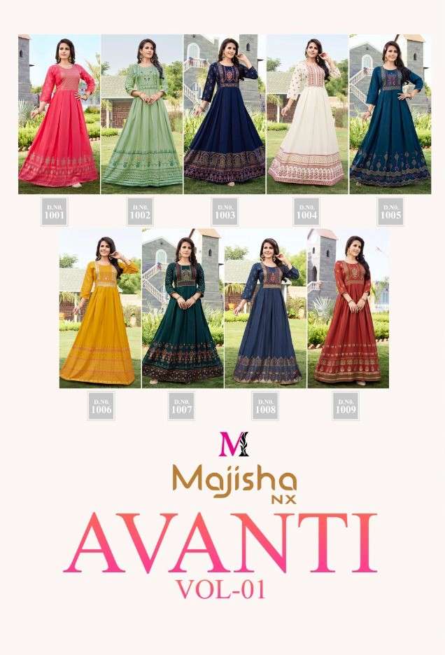 AVANTI VOL-1 BY MAJISHA NX 1001 TO 1009 SERIES BEAUTIFUL STYLISH FANCY COLORFUL CASUAL WEAR & ETHNIC WEAR RAYON SLUB GOWNS AT WHOLESALE PRICE