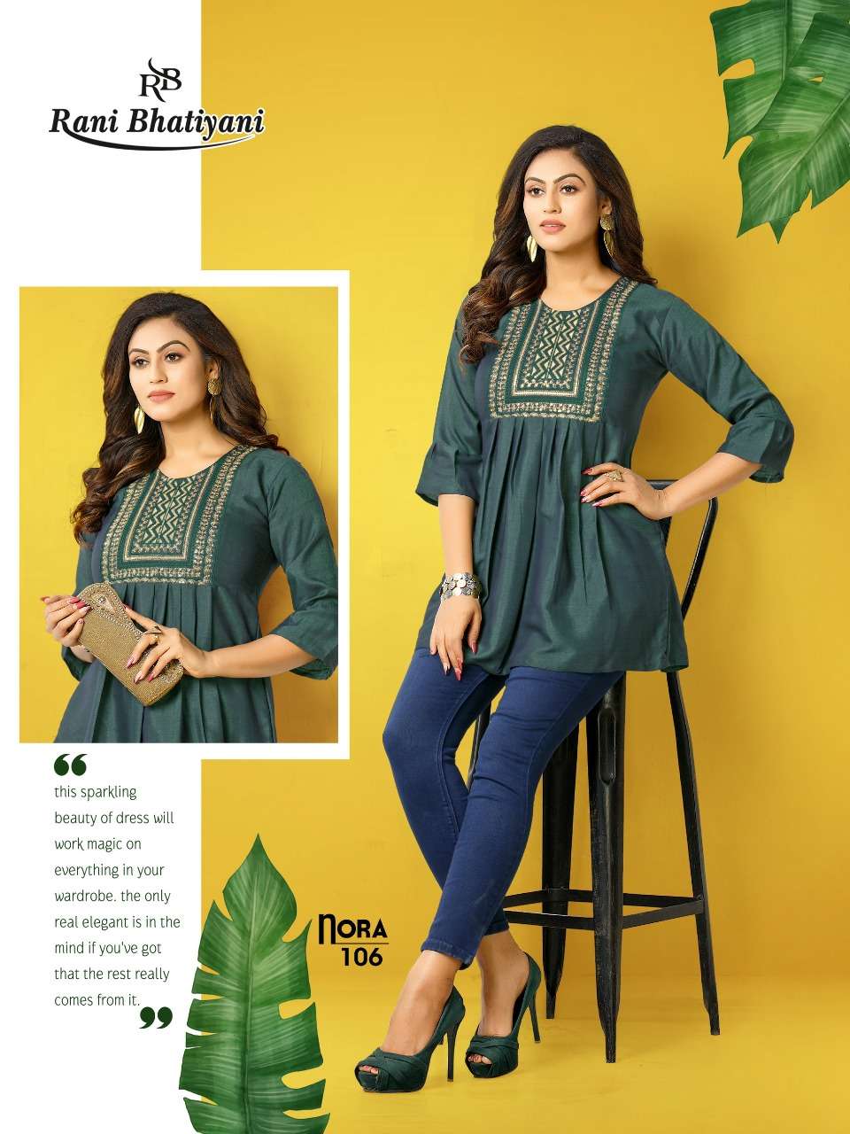 NORA BY RANI BHATIYANI 101 TO 106 SERIES BEAUTIFUL STYLISH FANCY COLORFUL CASUAL WEAR & ETHNIC WEAR RAYON WITH WORK TOPS AT WHOLESALE PRICE