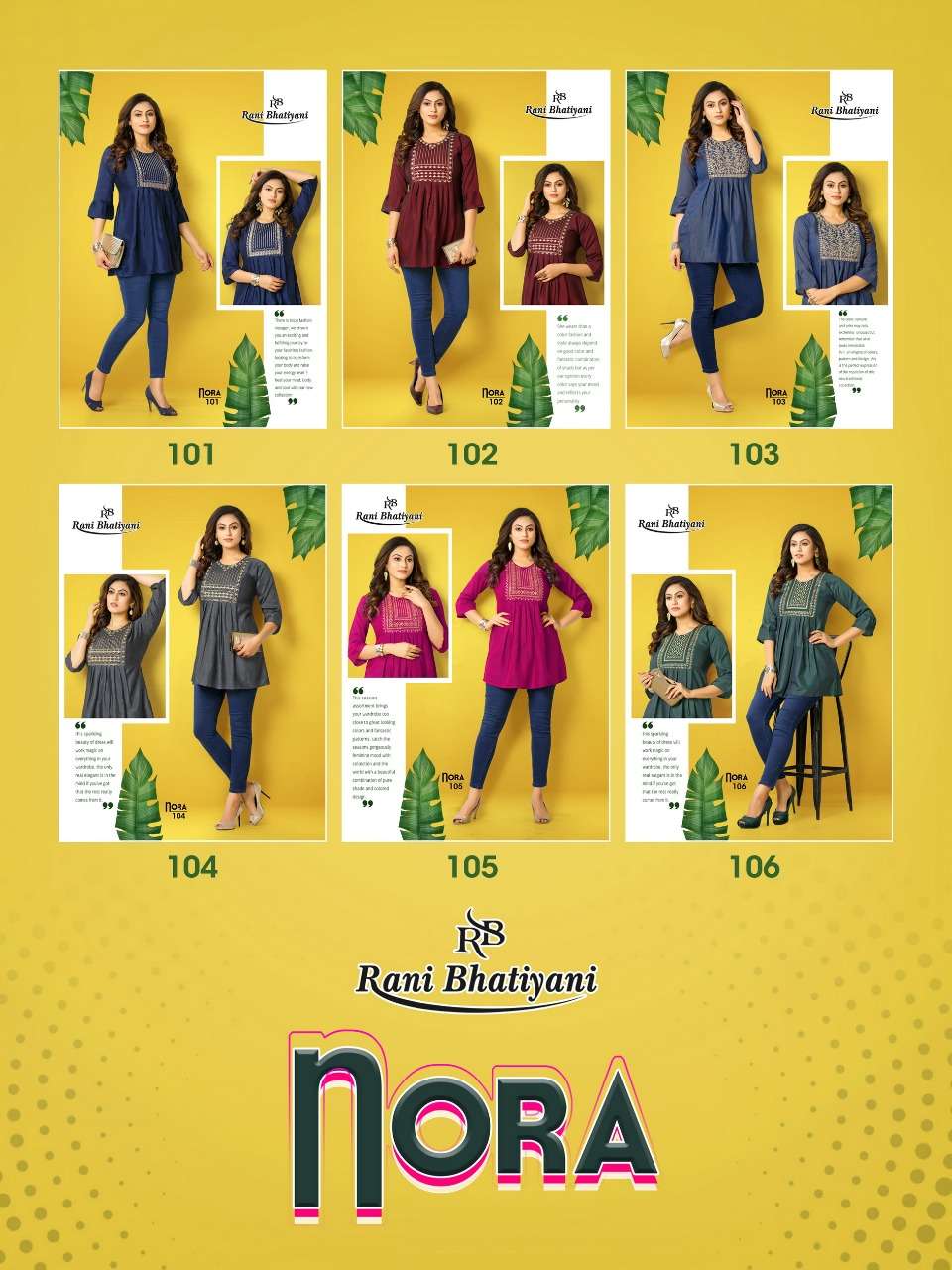 NORA BY RANI BHATIYANI 101 TO 106 SERIES BEAUTIFUL STYLISH FANCY COLORFUL CASUAL WEAR & ETHNIC WEAR RAYON WITH WORK TOPS AT WHOLESALE PRICE