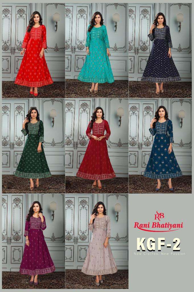 KGF VOL-2 BY RANI BHATIYANI 1001 TO 1008 SERIES BEAUTIFUL STYLISH FANCY COLORFUL CASUAL WEAR & ETHNIC WEAR RAYON PRINT GOWNS AT WHOLESALE PRICE