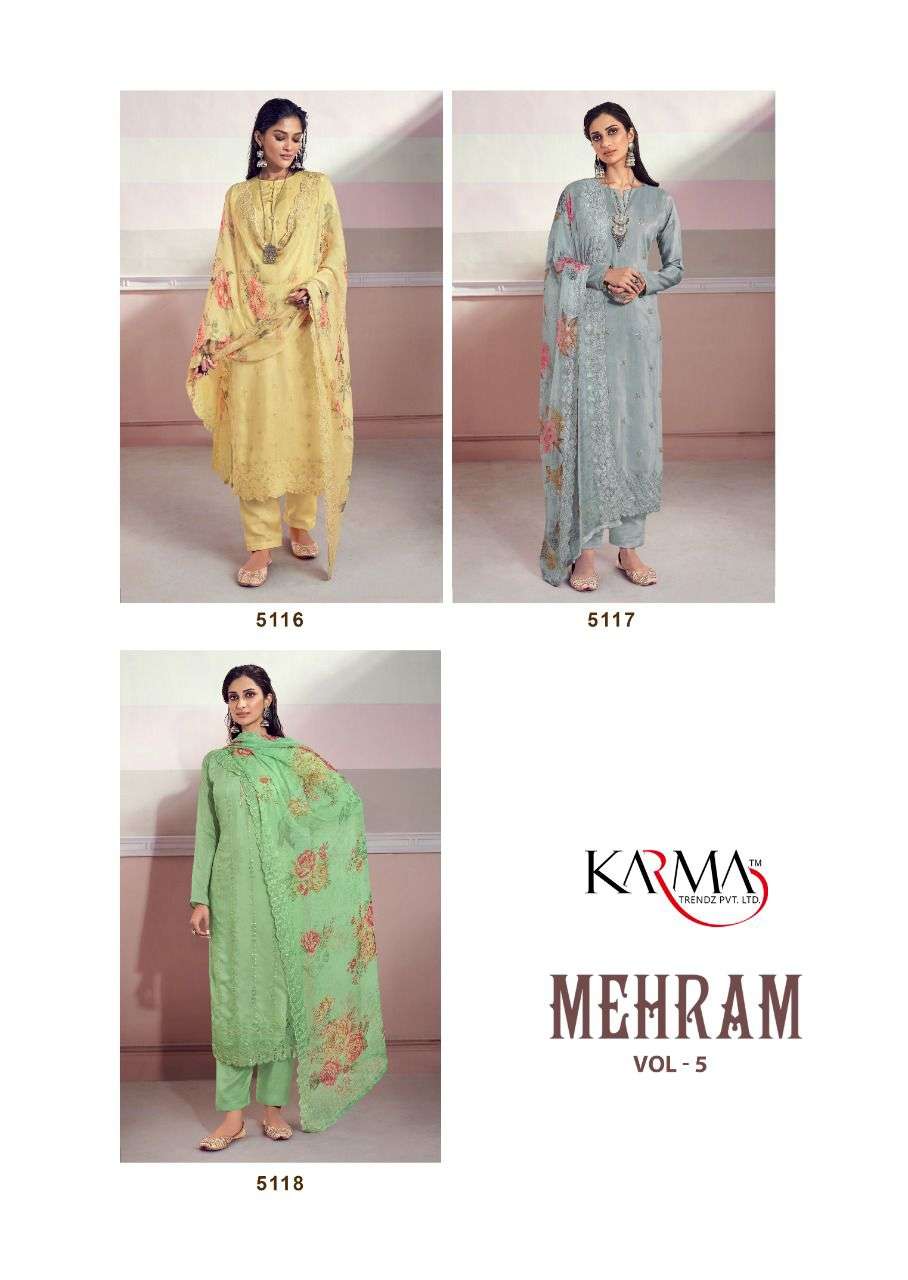 MEHRAM VOL-5 BY KARMA TRENDZ 5112 TO 5118 SERIES BEAUTIFUL SUITS COLORFUL STYLISH FANCY CASUAL WEAR & ETHNIC WEAR PURE MUSLIN EMBROIDERED DRESSES AT WHOLESALE PRICE