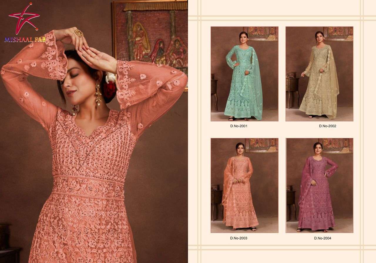 MISHAAL 2001 SERIES BY MISHAAL FAB 2001 TO 2004 SERIES BEAUTIFUL PAKISTANI SUITS STYLISH COLORFUL FANCY CASUAL WEAR & ETHNIC WEAR NET EMBROIDERED DRESSES AT WHOLESALE PRICE