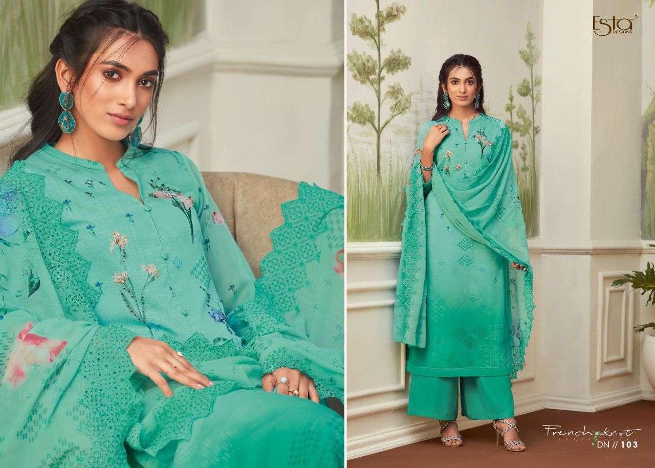 FRENCH KNOT BY ESTA DESIGNS 101 TO 110 SERIES BEAUTIFUL SUITS COLORFUL STYLISH FANCY CASUAL WEAR & ETHNIC WEAR HEAVY GEORGETTE DRESSES AT WHOLESALE PRICE