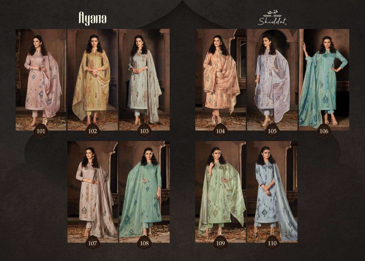 AYANA BY SHIDDAT 101 TO 110 SERIES BEAUTIFUL SUITS COLORFUL STYLISH FANCY CASUAL WEAR & ETHNIC WEAR COTTON SATIN PRINT DRESSES AT WHOLESALE PRICE