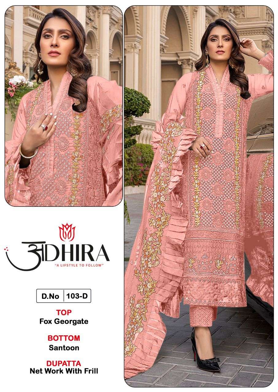 ADHIRA 103 COLOURS BY ADHIRA 103-D TO 103-F SERIES DESIGNER PAKISTANI SUITS BEAUTIFUL STYLISH FANCY COLORFUL PARTY WEAR & OCCASIONAL WEAR HEAVY FAUX GEORGETTE DRESSES AT WHOLESALE PRICE