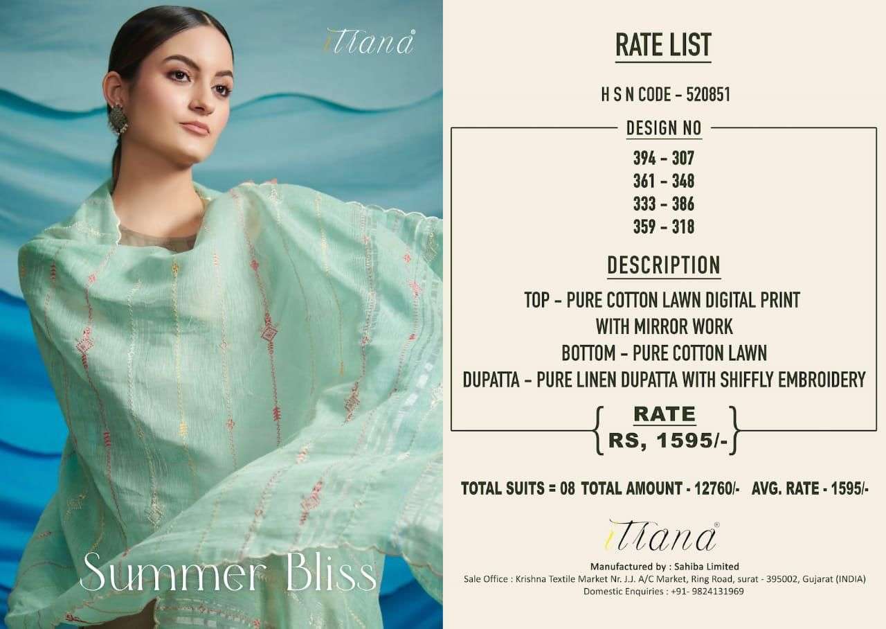 SUMMER BLISS BY ITRANA BEAUTIFUL SUITS COLORFUL STYLISH FANCY CASUAL WEAR & ETHNIC WEAR PURE LAWN COTTON PRINT DRESSES AT WHOLESALE PRICE