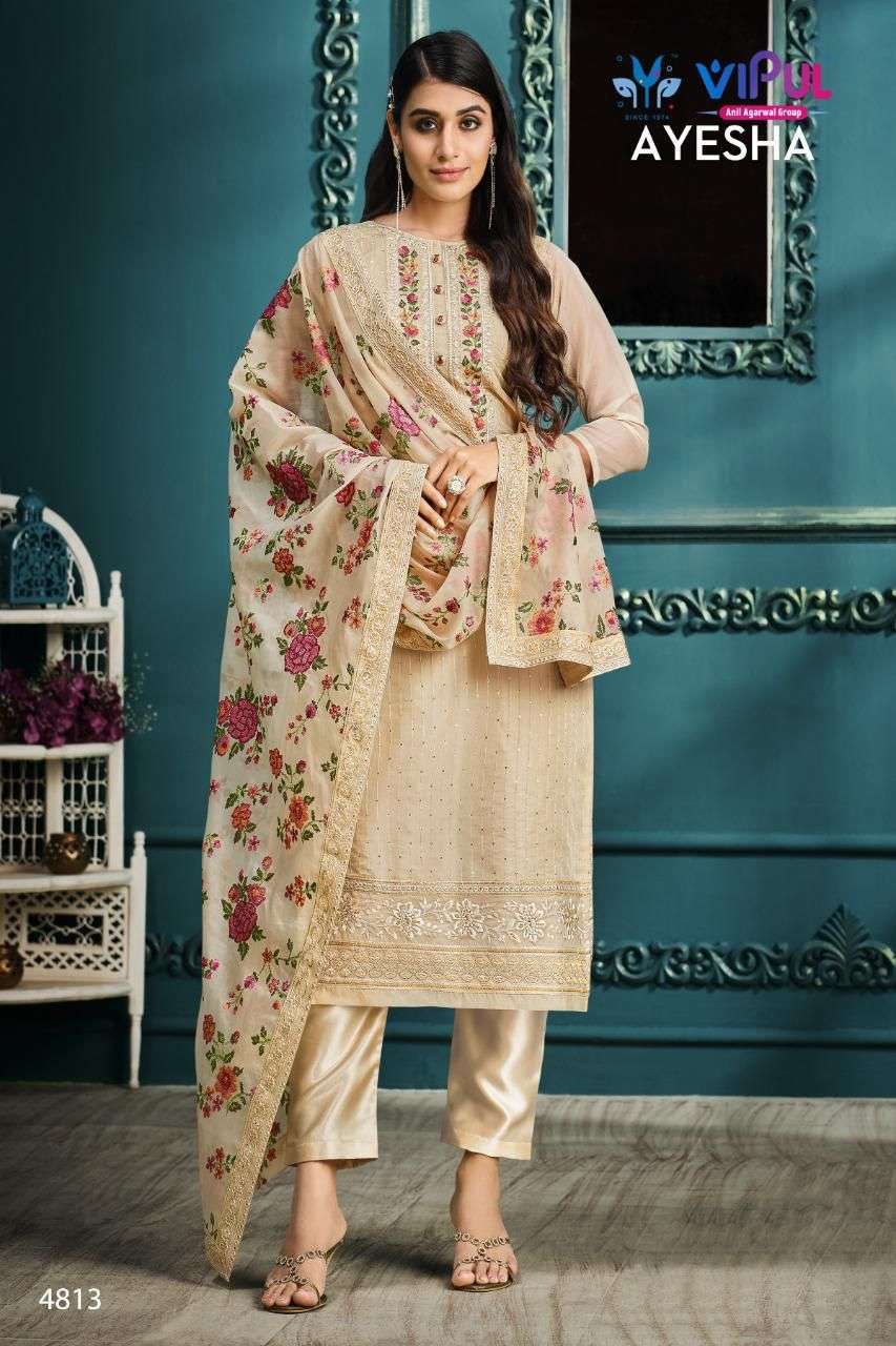 AYESHA BY VIPUL FASHION 4811 TO 4816 SERIES BEAUTIFUL SUITS COLORFUL STYLISH FANCY CASUAL WEAR & ETHNIC WEAR SATIN ORGANZA DRESSES AT WHOLESALE PRICE