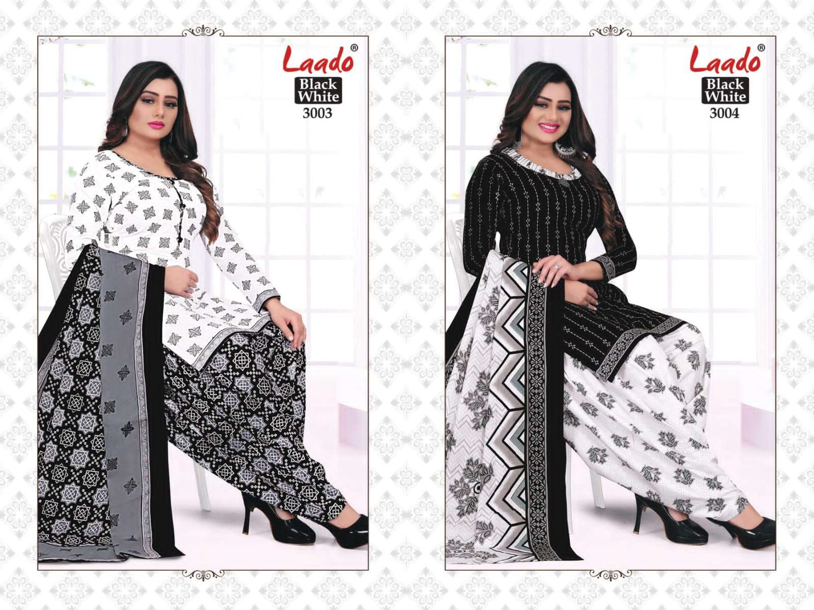 BLACK AND WHITE VOL-3 BY LAADO 3001 TO 3010 SERIES BEAUTIFUL SUITS COLORFUL STYLISH FANCY CASUAL WEAR & ETHNIC WEAR PURE COTTON DRESSES AT WHOLESALE PRICE