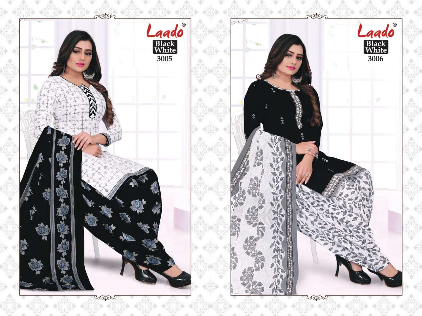 BLACK AND WHITE VOL-3 BY LAADO 3001 TO 3010 SERIES BEAUTIFUL SUITS COLORFUL STYLISH FANCY CASUAL WEAR & ETHNIC WEAR PURE COTTON DRESSES AT WHOLESALE PRICE