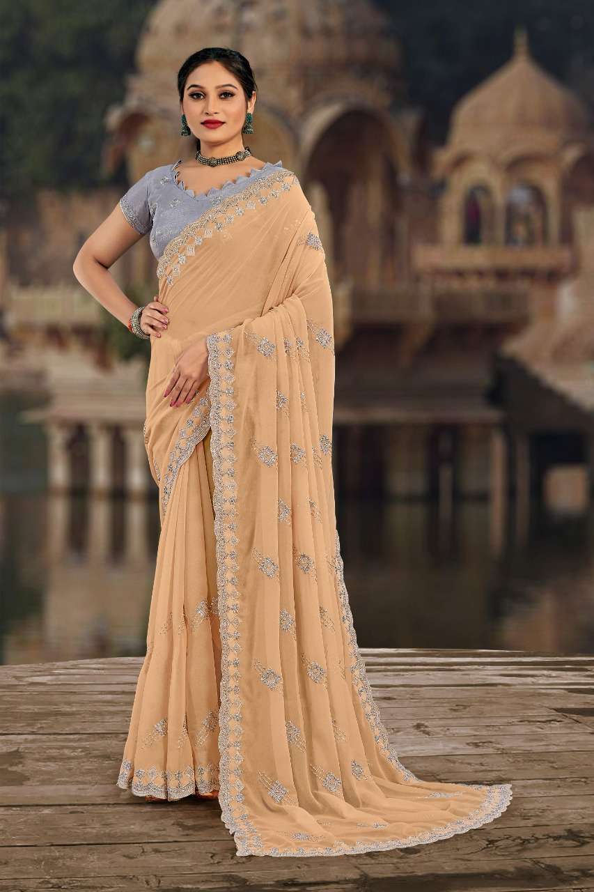 SAMYAKK ZARI BY YADU NANDAN FASHION 01 TO 07 SERIES INDIAN TRADITIONAL WEAR COLLECTION BEAUTIFUL STYLISH FANCY COLORFUL PARTY WEAR & OCCASIONAL WEAR GEORGETTE EMBROIDERED SAREES AT WHOLESALE PRICE