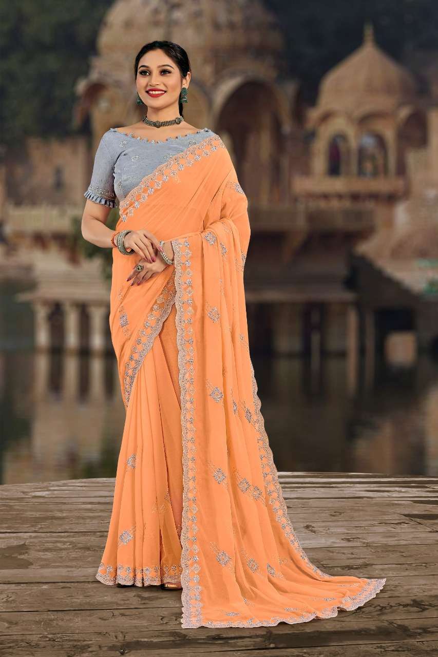 SAMYAKK ZARI BY YADU NANDAN FASHION 01 TO 07 SERIES INDIAN TRADITIONAL WEAR COLLECTION BEAUTIFUL STYLISH FANCY COLORFUL PARTY WEAR & OCCASIONAL WEAR GEORGETTE EMBROIDERED SAREES AT WHOLESALE PRICE