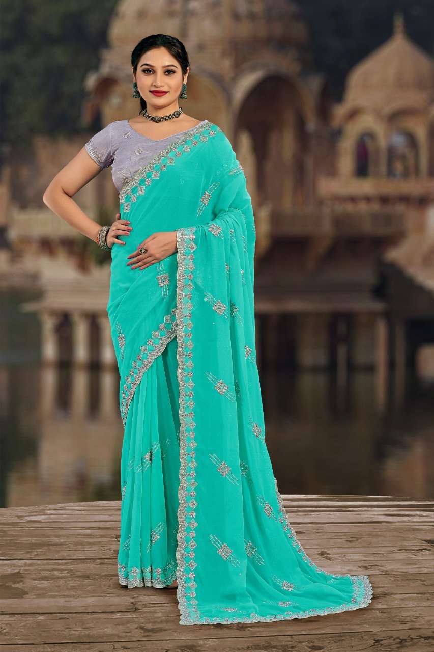 SAMYAKK ZARI BY YADU NANDAN FASHION 01 TO 07 SERIES INDIAN TRADITIONAL WEAR COLLECTION BEAUTIFUL STYLISH FANCY COLORFUL PARTY WEAR & OCCASIONAL WEAR GEORGETTE EMBROIDERED SAREES AT WHOLESALE PRICE