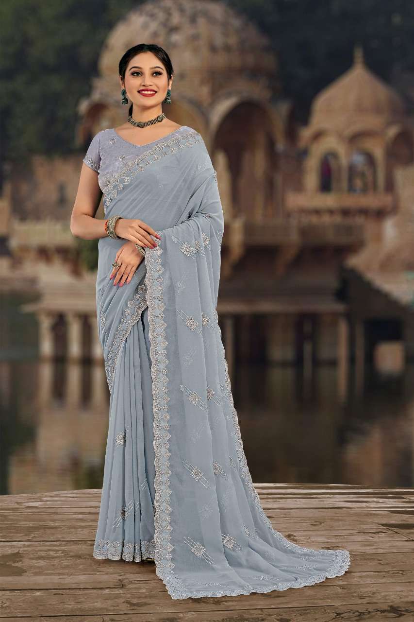 SAMYAKK ZARI BY YADU NANDAN FASHION 01 TO 07 SERIES INDIAN TRADITIONAL WEAR COLLECTION BEAUTIFUL STYLISH FANCY COLORFUL PARTY WEAR & OCCASIONAL WEAR GEORGETTE EMBROIDERED SAREES AT WHOLESALE PRICE