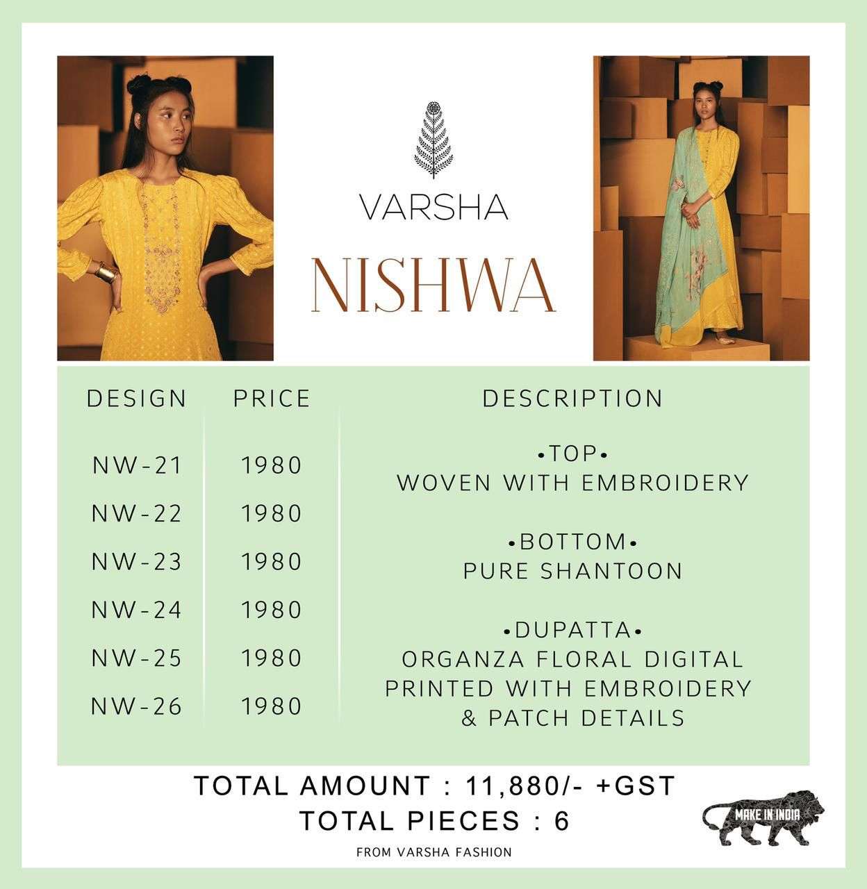 NISHWA BY VARSHA FASHION 21 TO 26 SERIES BEAUTIFUL SUITS COLORFUL STYLISH FANCY CASUAL WEAR & ETHNIC WEAR WOVEN EMBROIDERED DRESSES AT WHOLESALE PRICE