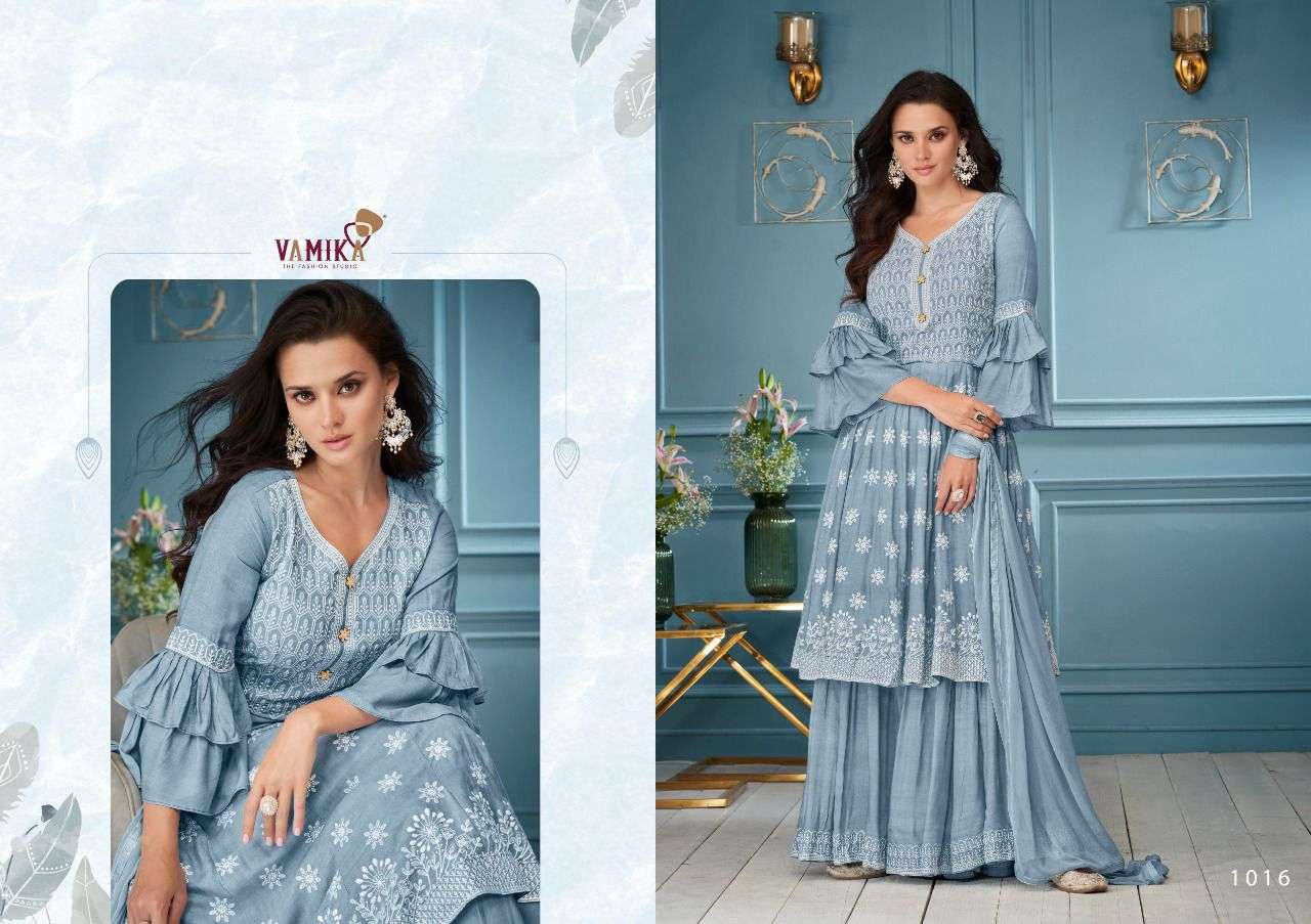 LAKHNAVI VOL-3 BY VAMIKA 1013 TO 1018 SERIES BEAUTIFUL SHARARA SUITS COLORFUL STYLISH FANCY CASUAL WEAR & ETHNIC WEAR RAYON WITH WORK DRESSES AT WHOLESALE PRICE