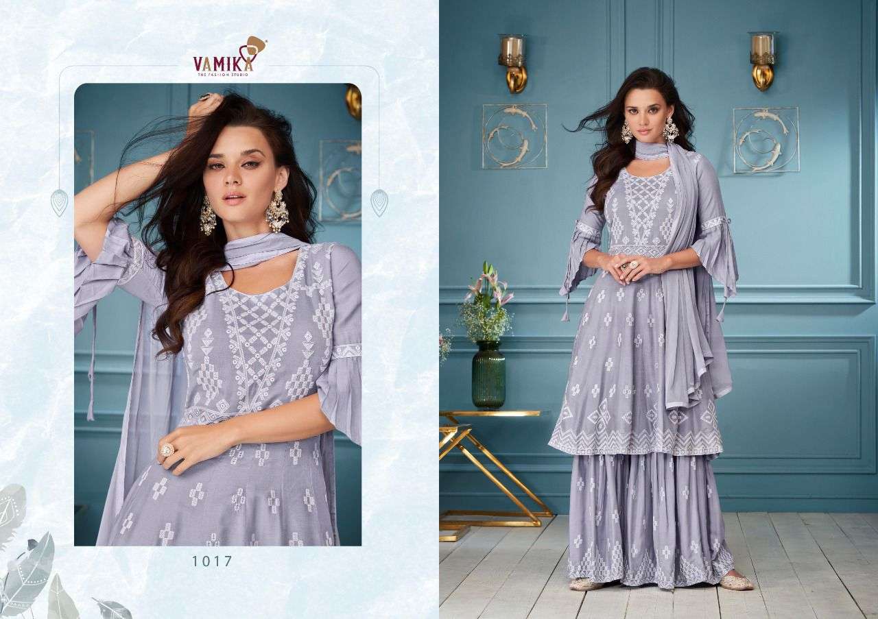 LAKHNAVI VOL-3 BY VAMIKA 1013 TO 1018 SERIES BEAUTIFUL SHARARA SUITS COLORFUL STYLISH FANCY CASUAL WEAR & ETHNIC WEAR RAYON WITH WORK DRESSES AT WHOLESALE PRICE