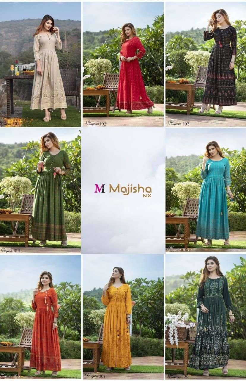 NAYARA BY MAJISHA NX 101 TO 108 SERIES BEAUTIFUL STYLISH FANCY COLORFUL CASUAL WEAR & ETHNIC WEAR RAYON FOIL PRINT GOWNS AT WHOLESALE PRICE