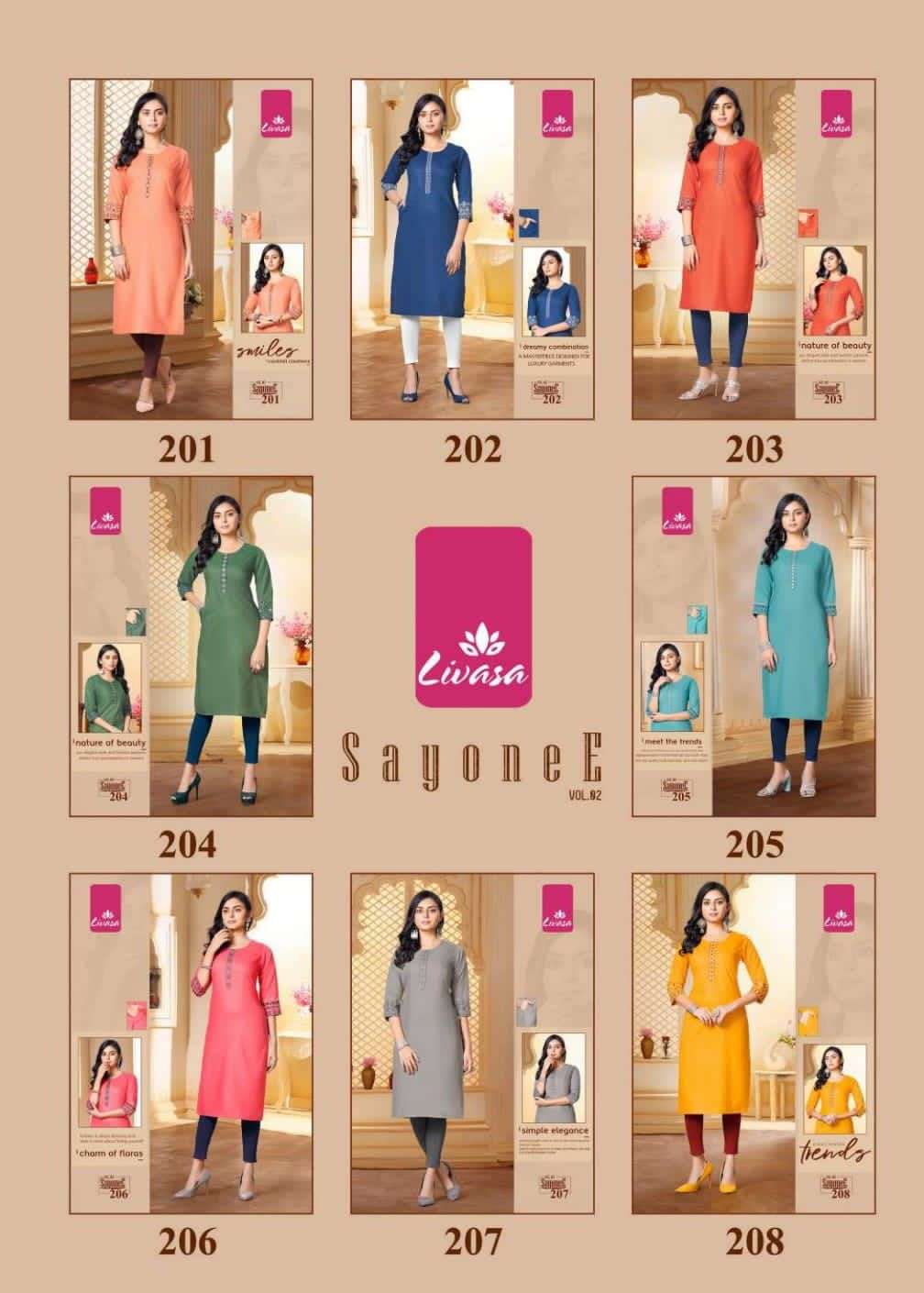 SAYONEE VOL-2 BY LIVASA 201 TO 208 SERIES DESIGNER STYLISH FANCY COLORFUL BEAUTIFUL PARTY WEAR & ETHNIC WEAR COLLECTION RAYON EMBROIDERED KURTIS AT WHOLESALE PRICE