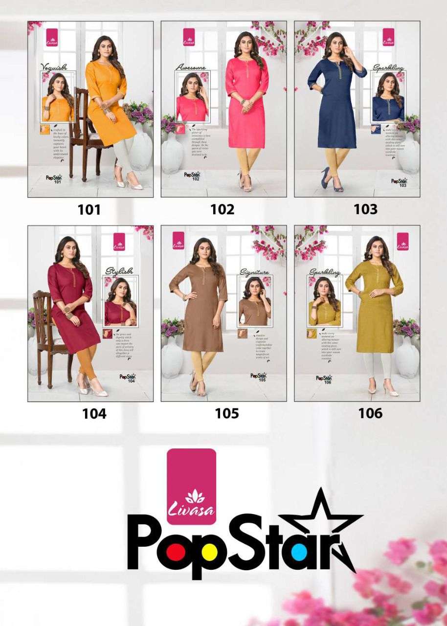 POP STAR BY LIVASA 101 TO 106 SERIES DESIGNER STYLISH FANCY COLORFUL BEAUTIFUL PARTY WEAR & ETHNIC WEAR COLLECTION RAYON WITH WORK KURTIS AT WHOLESALE PRICE