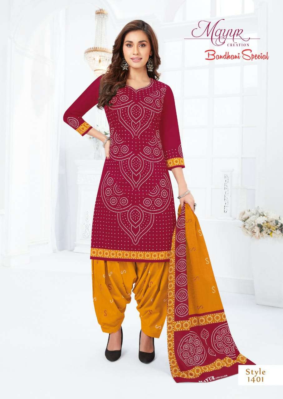 BANDHANI SPECIAL VOL-14 BY MAYUR CREATION 1401 TO 1412 SERIES BEAUTIFUL STYLISH SUITS FANCY COLORFUL CASUAL WEAR & ETHNIC WEAR & READY TO WEAR PURE COTTON DRESSES AT WHOLESALE PRICE