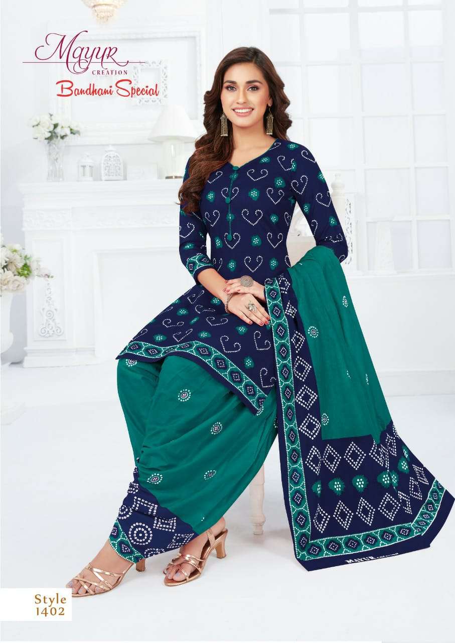BANDHANI SPECIAL VOL-14 BY MAYUR CREATION 1401 TO 1412 SERIES BEAUTIFUL STYLISH SUITS FANCY COLORFUL CASUAL WEAR & ETHNIC WEAR & READY TO WEAR PURE COTTON DRESSES AT WHOLESALE PRICE