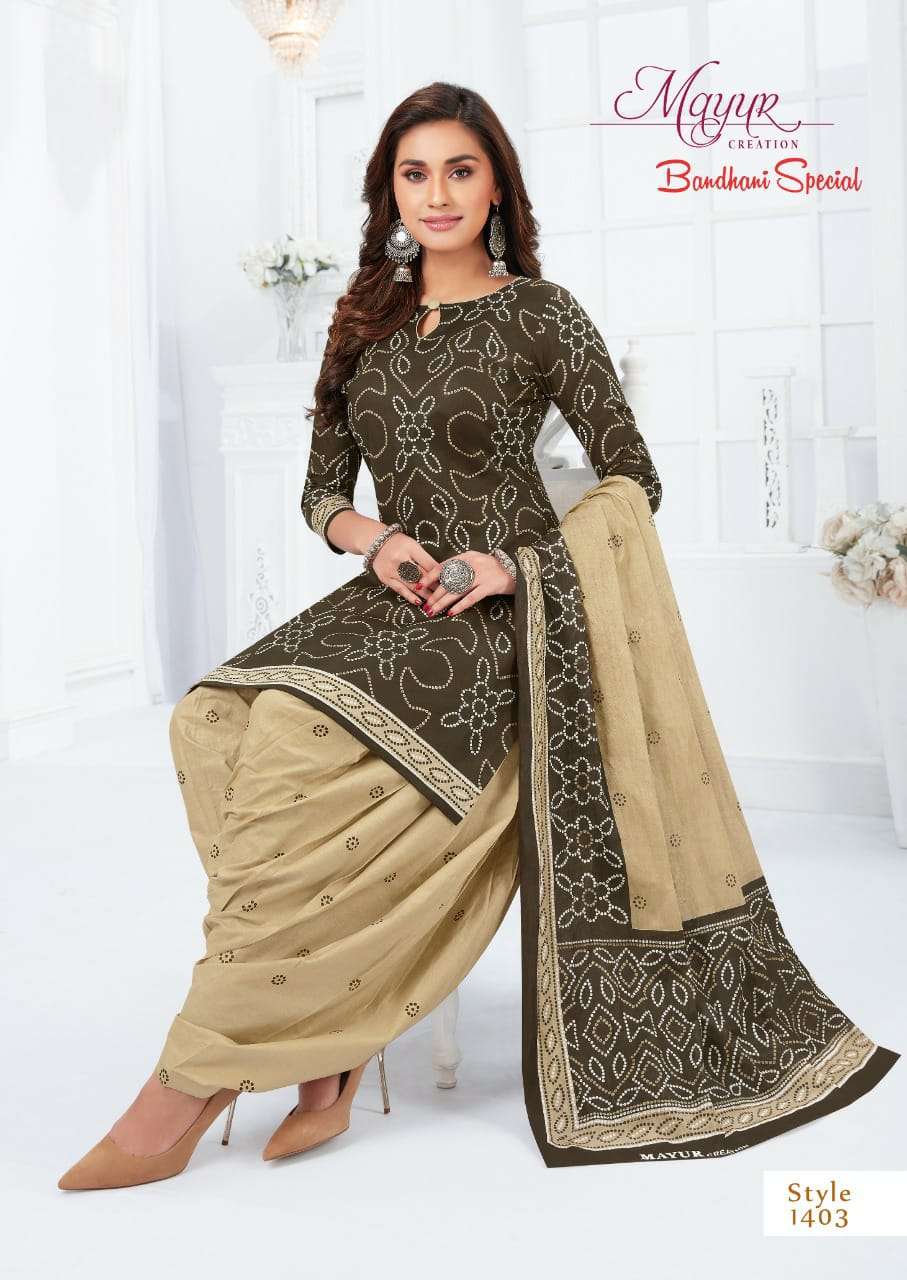BANDHANI SPECIAL VOL-14 BY MAYUR CREATION 1401 TO 1412 SERIES BEAUTIFUL STYLISH SUITS FANCY COLORFUL CASUAL WEAR & ETHNIC WEAR & READY TO WEAR PURE COTTON DRESSES AT WHOLESALE PRICE