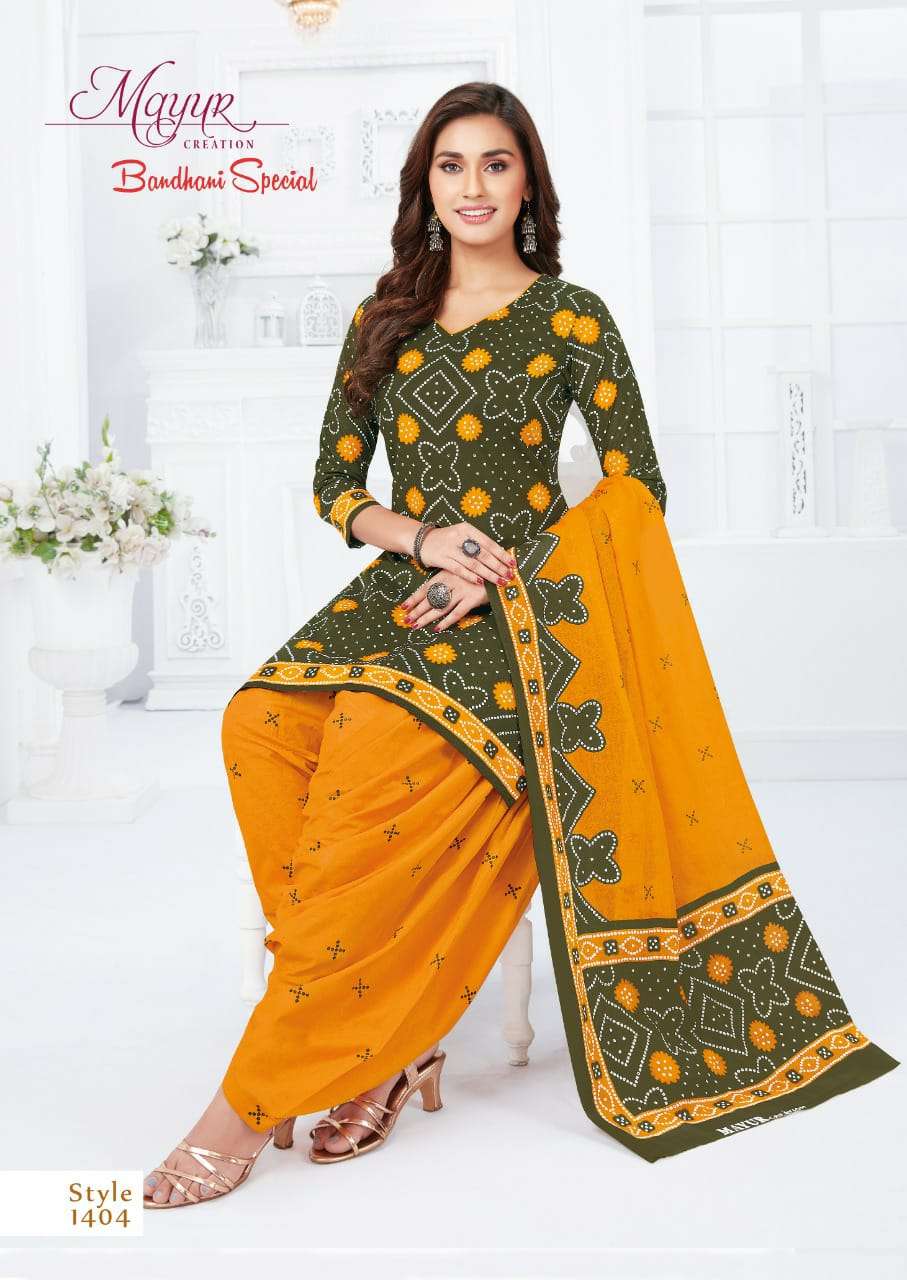 BANDHANI SPECIAL VOL-14 BY MAYUR CREATION 1401 TO 1412 SERIES BEAUTIFUL STYLISH SUITS FANCY COLORFUL CASUAL WEAR & ETHNIC WEAR & READY TO WEAR PURE COTTON DRESSES AT WHOLESALE PRICE