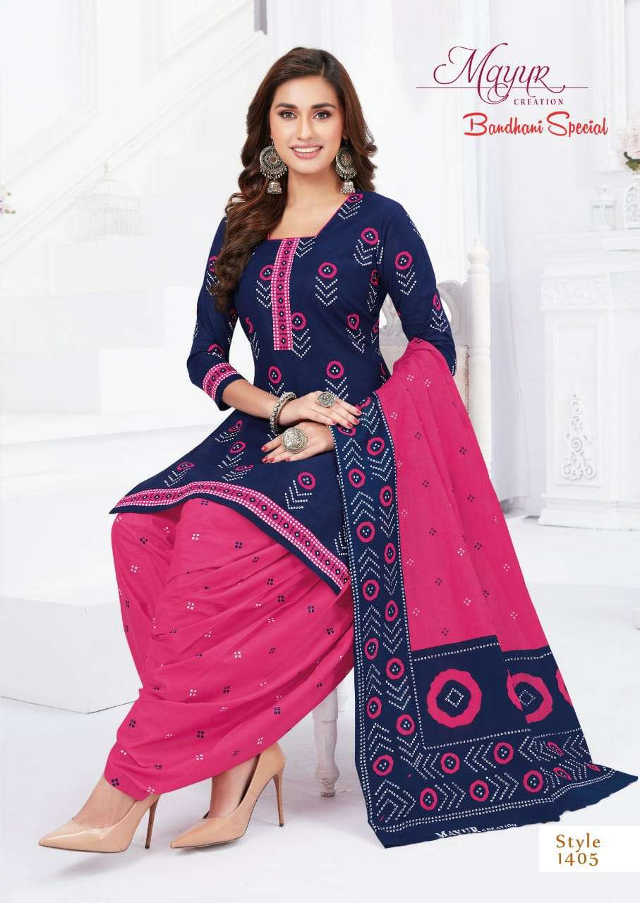 BANDHANI SPECIAL VOL-14 BY MAYUR CREATION 1401 TO 1412 SERIES BEAUTIFUL STYLISH SUITS FANCY COLORFUL CASUAL WEAR & ETHNIC WEAR & READY TO WEAR PURE COTTON DRESSES AT WHOLESALE PRICE