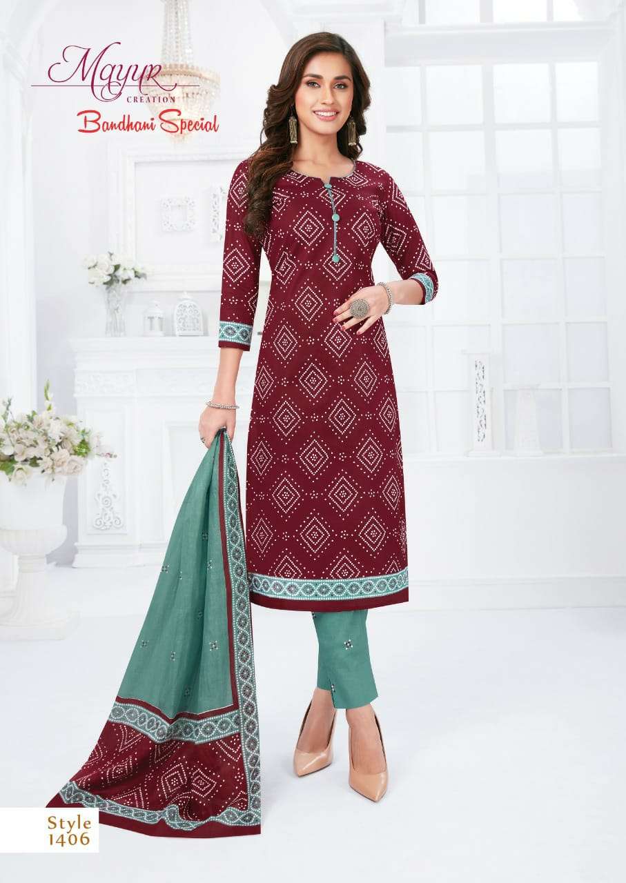BANDHANI SPECIAL VOL-14 BY MAYUR CREATION 1401 TO 1412 SERIES BEAUTIFUL STYLISH SUITS FANCY COLORFUL CASUAL WEAR & ETHNIC WEAR & READY TO WEAR PURE COTTON DRESSES AT WHOLESALE PRICE