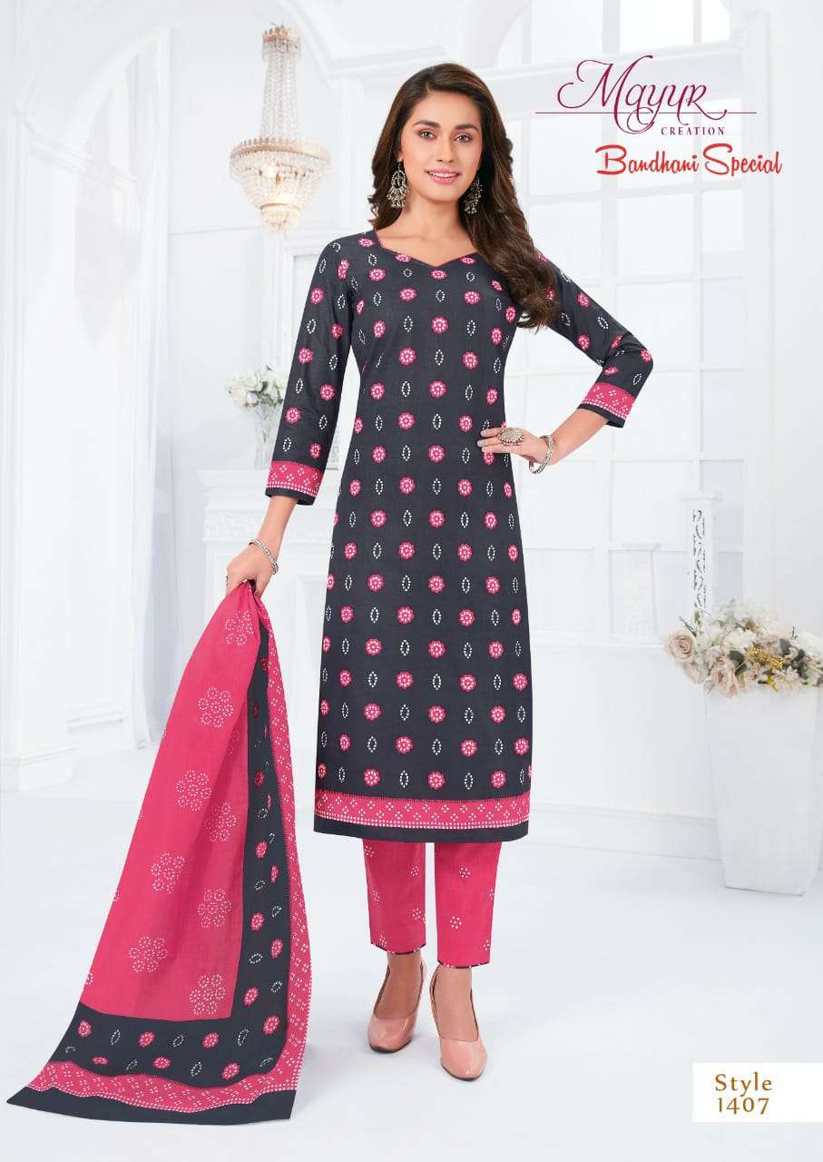 BANDHANI SPECIAL VOL-14 BY MAYUR CREATION 1401 TO 1412 SERIES BEAUTIFUL STYLISH SUITS FANCY COLORFUL CASUAL WEAR & ETHNIC WEAR & READY TO WEAR PURE COTTON DRESSES AT WHOLESALE PRICE