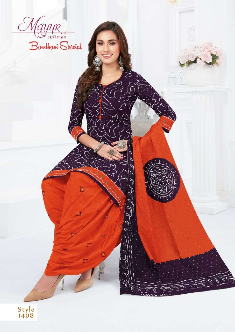BANDHANI SPECIAL VOL-14 BY MAYUR CREATION 1401 TO 1412 SERIES BEAUTIFUL STYLISH SUITS FANCY COLORFUL CASUAL WEAR & ETHNIC WEAR & READY TO WEAR PURE COTTON DRESSES AT WHOLESALE PRICE