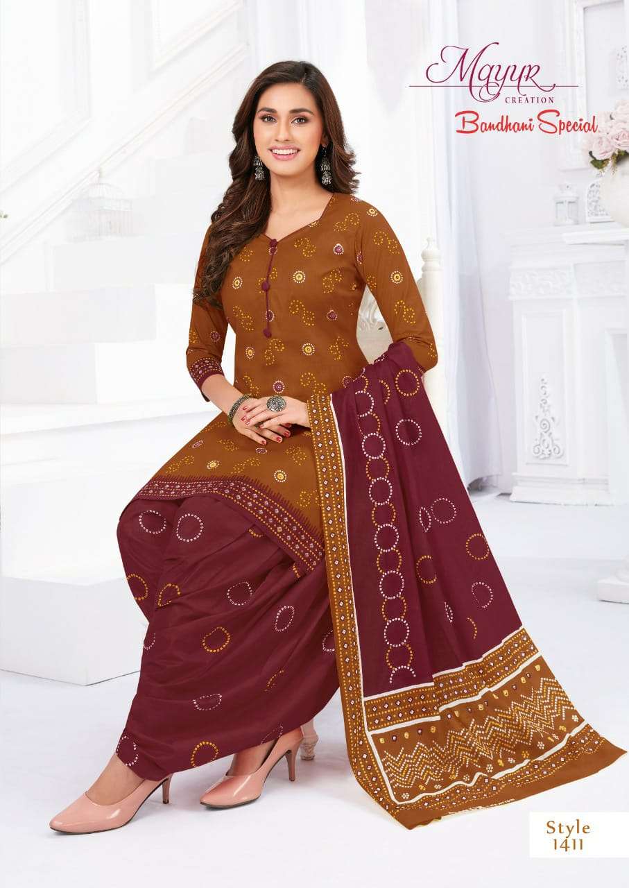 BANDHANI SPECIAL VOL-14 BY MAYUR CREATION 1401 TO 1412 SERIES BEAUTIFUL STYLISH SUITS FANCY COLORFUL CASUAL WEAR & ETHNIC WEAR & READY TO WEAR PURE COTTON DRESSES AT WHOLESALE PRICE