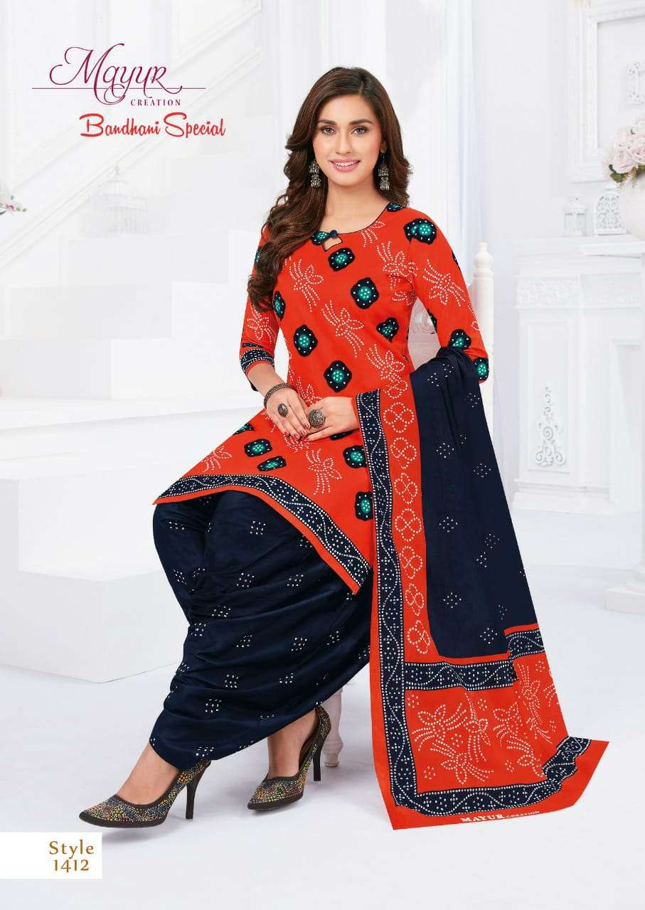 BANDHANI SPECIAL VOL-14 BY MAYUR CREATION 1401 TO 1412 SERIES BEAUTIFUL STYLISH SUITS FANCY COLORFUL CASUAL WEAR & ETHNIC WEAR & READY TO WEAR PURE COTTON DRESSES AT WHOLESALE PRICE