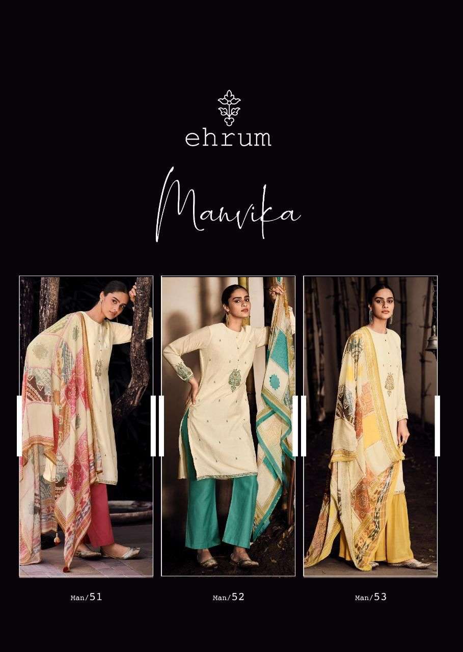 MANVIKA BY EHRUM 51 TO 53 SERIES BEAUTIFUL SUITS COLORFUL STYLISH FANCY CASUAL WEAR & ETHNIC WEAR MUSLIN DRESSES AT WHOLESALE PRICE