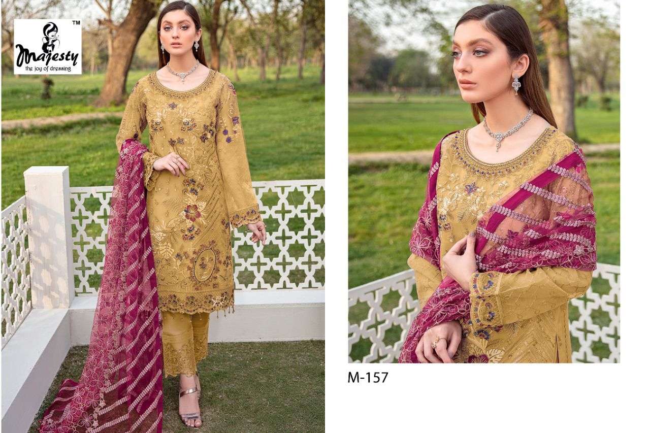 RAMSHA VOL-4 BY MAJESTY 157 TO 159 SERIES DESIGNER FESTIVE PAKISTANI SUITS COLLECTION BEAUTIFUL STYLISH FANCY COLORFUL PARTY WEAR & OCCASIONAL WEAR FAUX GEORGETTE EMBROIDERED DRESSES AT WHOLESALE PRICE