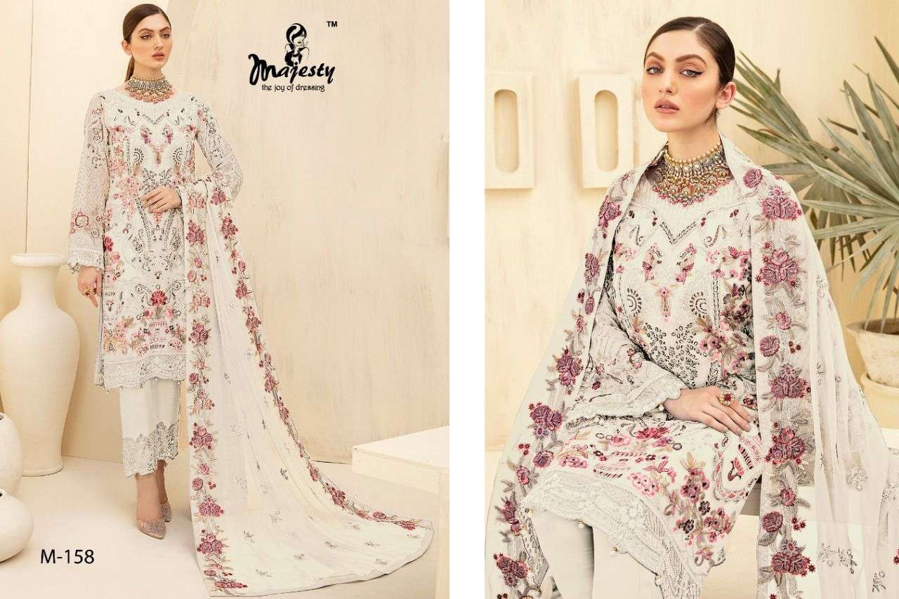 RAMSHA VOL-4 BY MAJESTY 157 TO 159 SERIES DESIGNER FESTIVE PAKISTANI SUITS COLLECTION BEAUTIFUL STYLISH FANCY COLORFUL PARTY WEAR & OCCASIONAL WEAR FAUX GEORGETTE EMBROIDERED DRESSES AT WHOLESALE PRICE